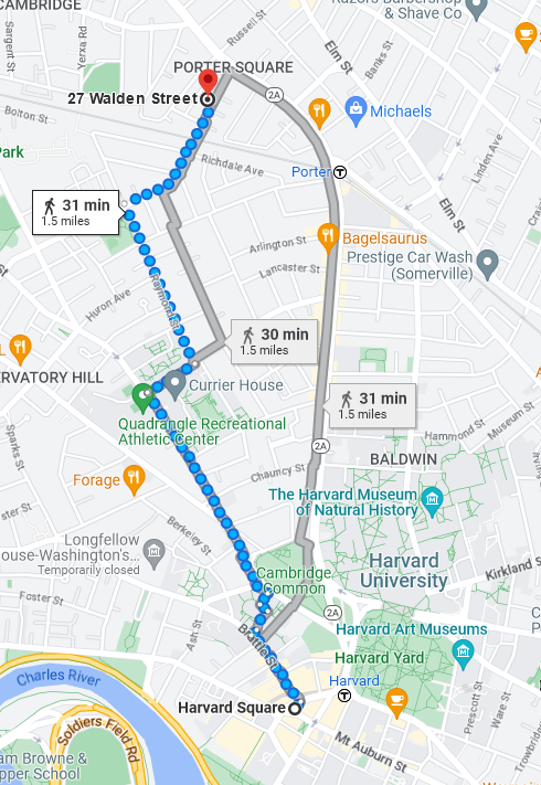 27 Walden St to Harvard Sq via Google Maps