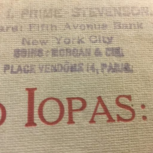 Purple stamp giving the mailing addresses of E. Prime-Stevenson in New York City (Fifth Avenue Bank) and Paris (Morgan & Cie., Place Vendome). This appears above the word "Iopas" on the title page of Long-Haired Iopas.
