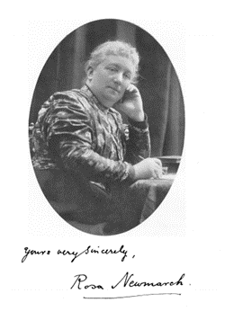 Oval-shaped photograph of Rosa Newmarch, a white woman in a patterned dress seated at a desk and facing the viewer. Underneath the image is a handwritten note "yours very sincerely, Rosa Newmarch."