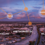Suburban highway at sunset with overlayed network diagram