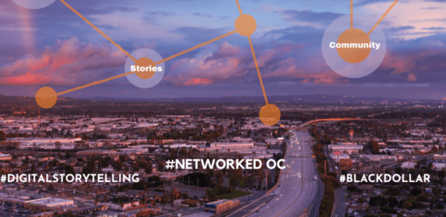 Suburban highway at sunset with overlayed network diagram