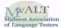 MwALT Logo: MwALT: Midwest Association of Language Testers superimposed on a green map of the United State Midwest region