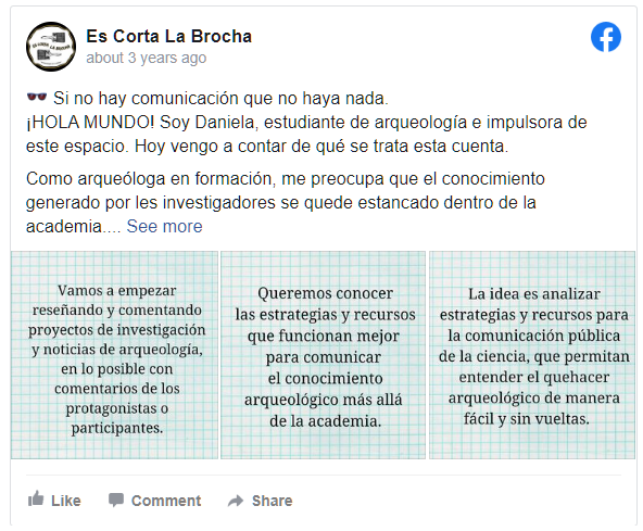 primer posteo de Es Corta La Brocha, incluye texto y tres imágenes que describen el proyecto.