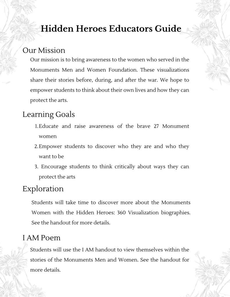 image of the educators guide with a mission section, learning goals section, exploration and I am poem directions